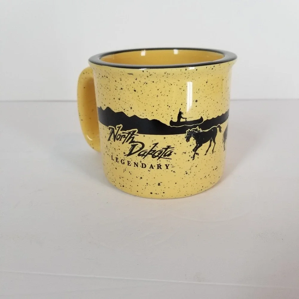 North Dakota Legendary Yellow Speckled Ceramic‎ Campfire Coffee Mug Bison Horse